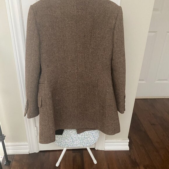 Classic Brown Tweed  Leather Lapel Double-Breasted Blazer Jacket Coat - Picture 6 of 7